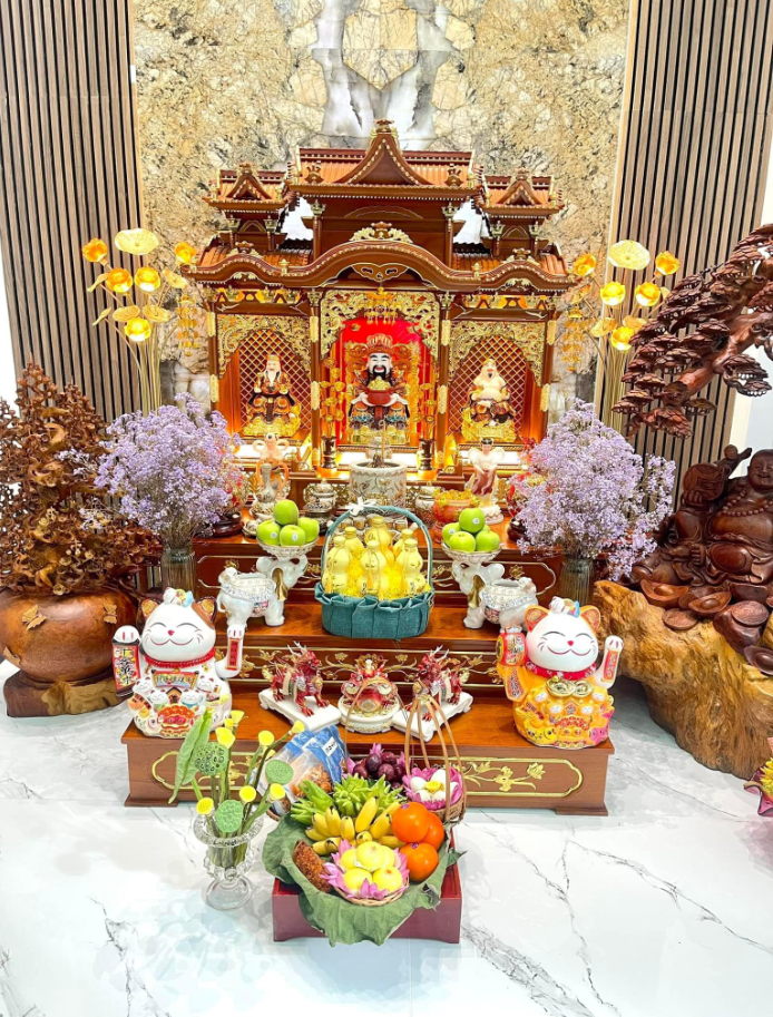 Bộ Bàn Thờ Thần Tài Mái Bằng Bạch Ngọc Kim Sen